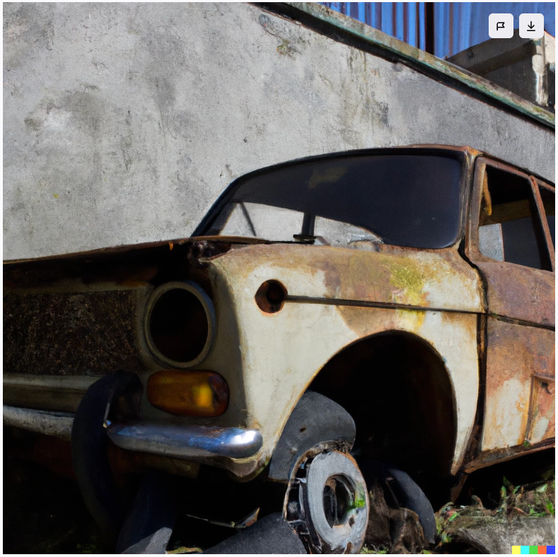 DALL-E 2 image of an abandoned car