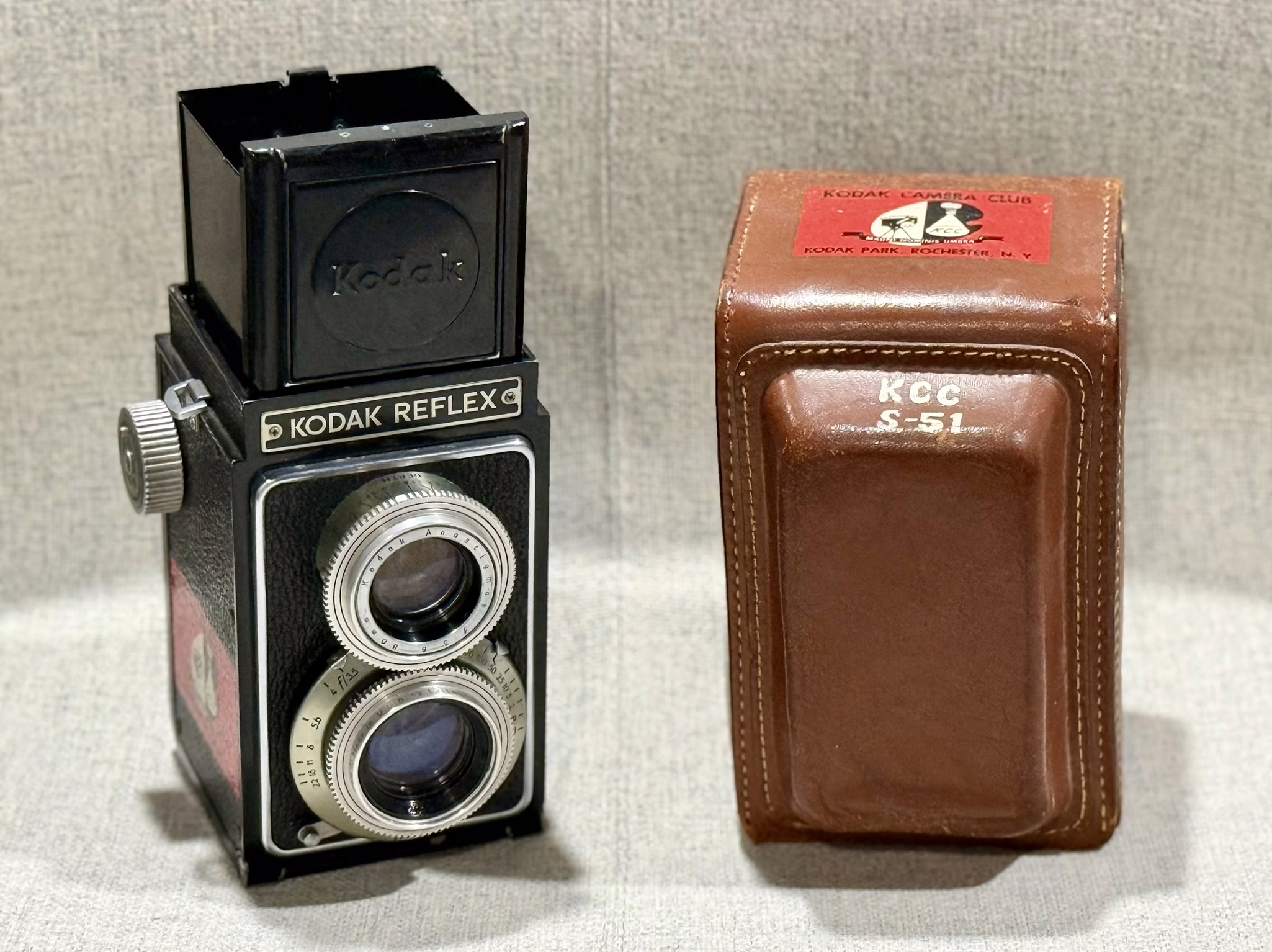 an image of a vintage Kodak Camera and to it's left a brown leather case.